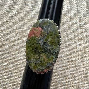 New Unakite Stone Silver Overlay Ring Size 6.75